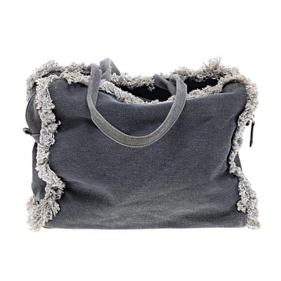 Karl Lagerfeld Paris Margot Fringe Denim Canvas Tote Bag 'CEST LA VIE' EUC - Picture 3 of 4